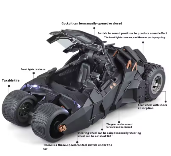 1:18 Batmobile Toys Alloy Models Cars Rubber Tires Miniature Vehicle Spray Version Cabin Door Opened Car for Kids Birthday Gifts - Image 2